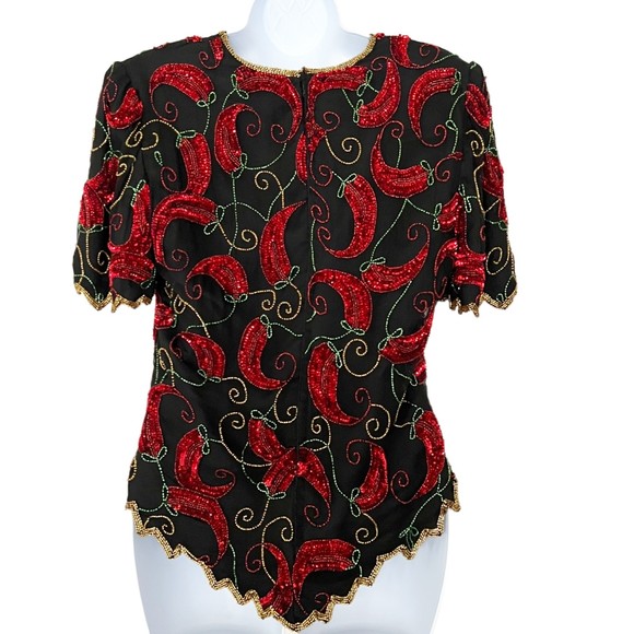 Scala Vtg Short Sleeve Chili Peppers Silk Sequined Beaded Blouse Evening Top, M - Picture 6 of 11